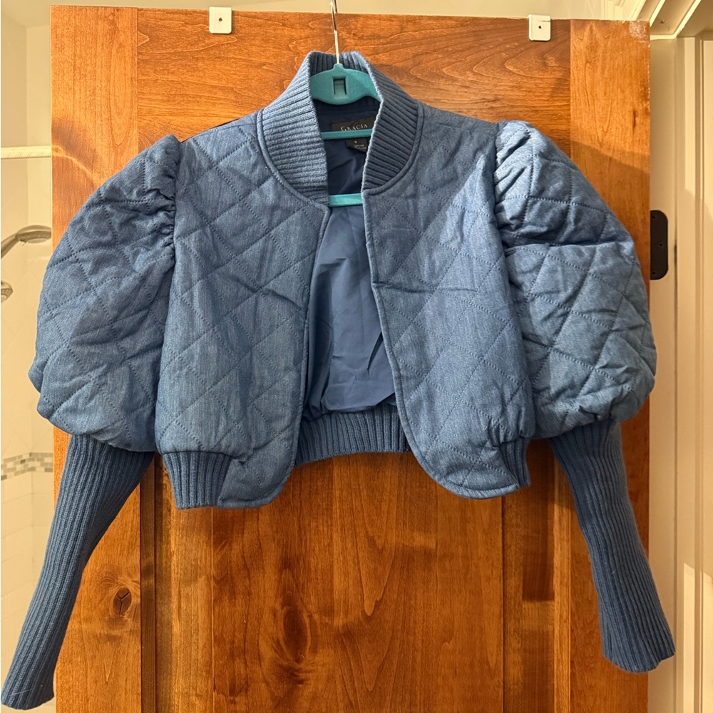 Blue Quilted Puff Sleeve Jacket